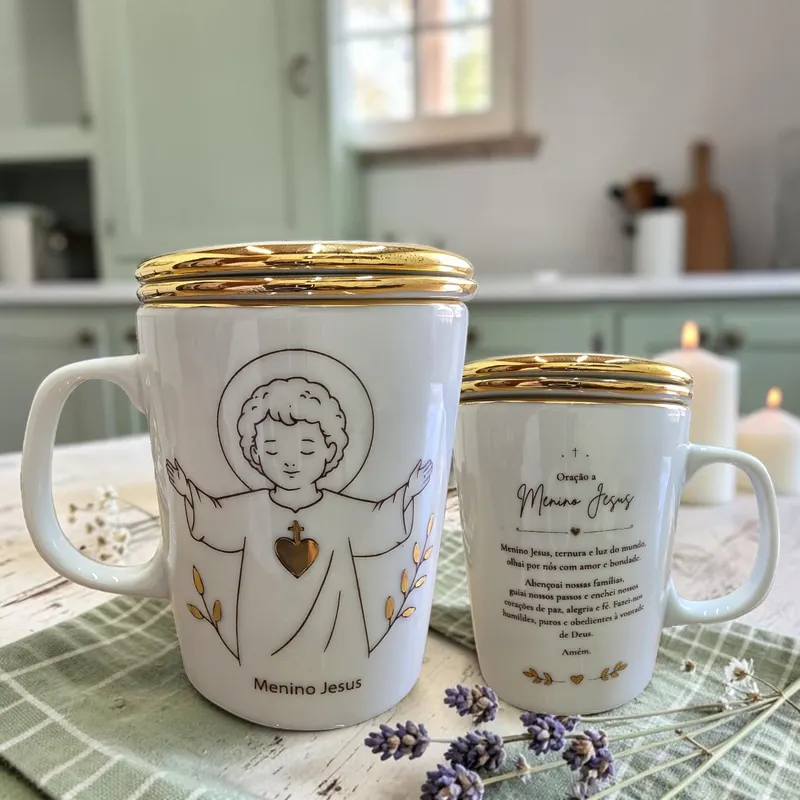 Caneca Menino Jesus pintada à mão com oração no verso