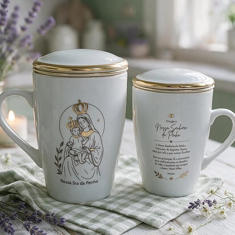 Caneca N. Sra. da Penha pintada à mão com oração no verso