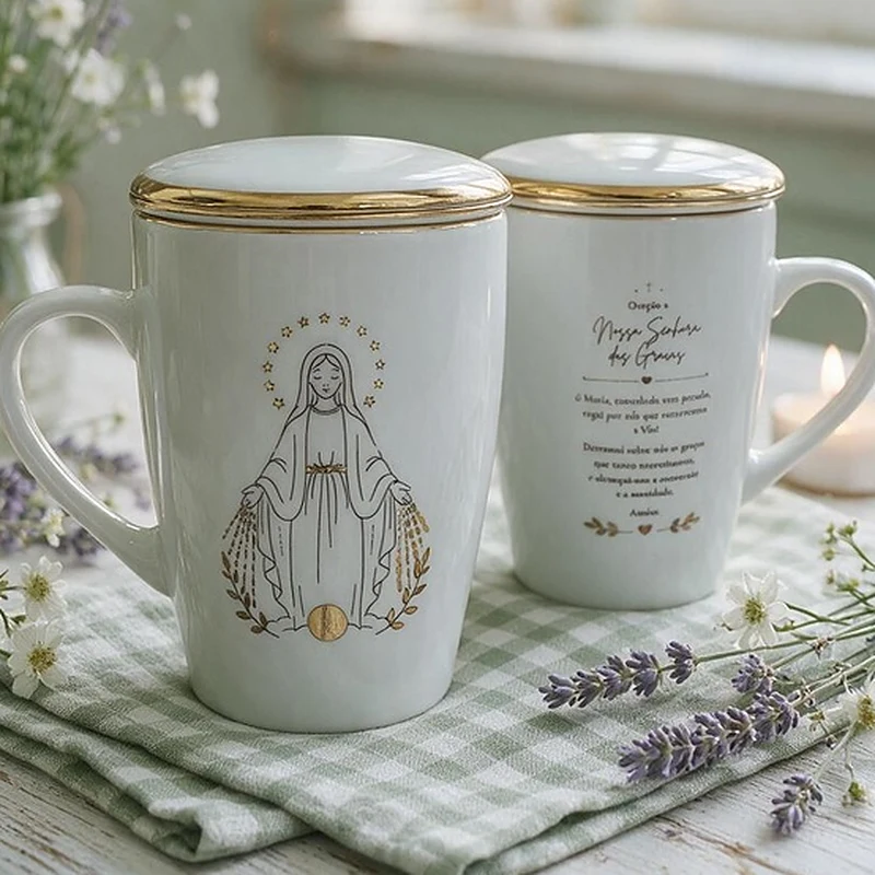 Caneca N. Sra. das Graças pintada à mão com oração no verso