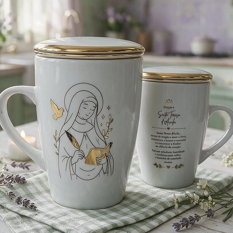 Caneca Santa Teresa d'Ávila pintada à mão com oração no verso