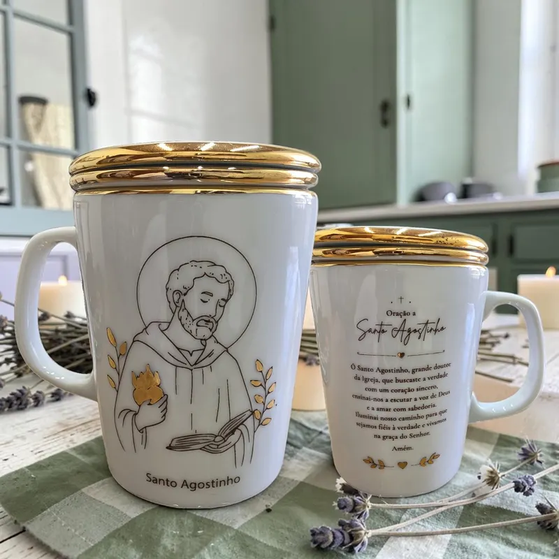 Caneca Santo Agostinho pintada à mão com oração no verso