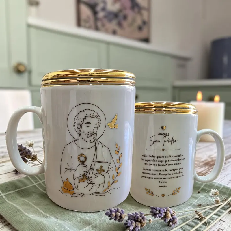 Caneca São Pedro pintada à mão com oração no verso