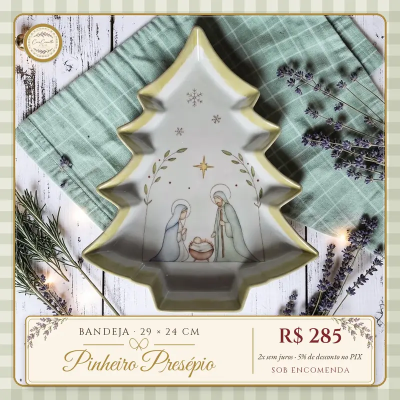 Bandeja Pinheiro Presépio em porcelana pintada à mão